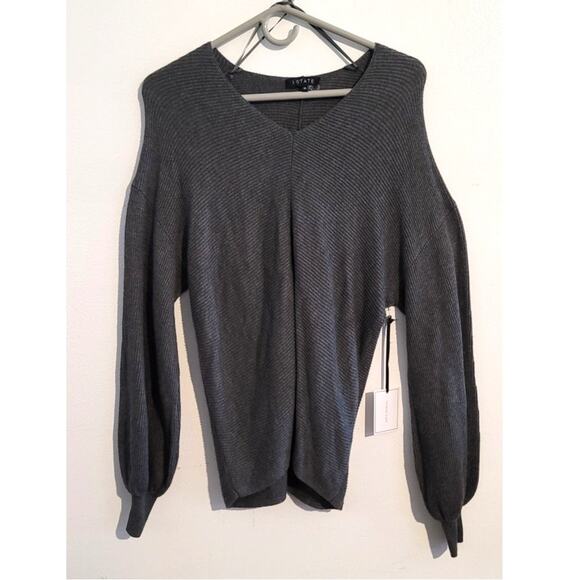 1. State Balloon Sleeve Ribbed V-Neck Pullover Sweater Medium Grey XS NEW - Picture 2 of 9